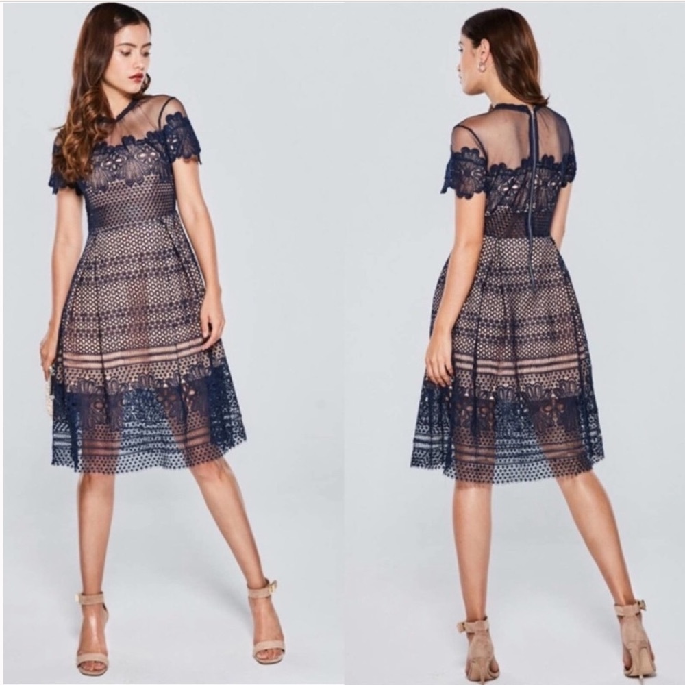 Few Moda NWT Ramona Navy Blue & Nude Lace & Mesh Party Dress - S